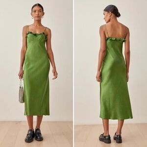 Reformation Aribella Ruffled Polka Dot Silk Satin Midi Dress Green White, Small